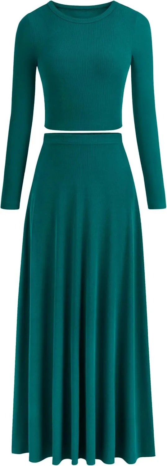 PRETTYGARDEN Women's Spring 2 Piece Outfits Dressy Casual Ribbed Knit Long Sleeve Crop Tops Maxi Flowy Skirts Matching Sets