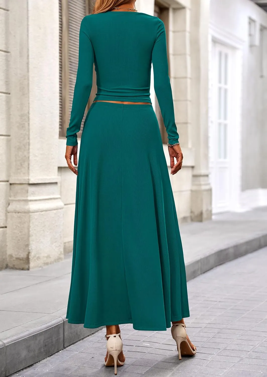 PRETTYGARDEN Women's Spring 2 Piece Outfits Dressy Casual Ribbed Knit Long Sleeve Crop Tops Maxi Flowy Skirts Matching Sets