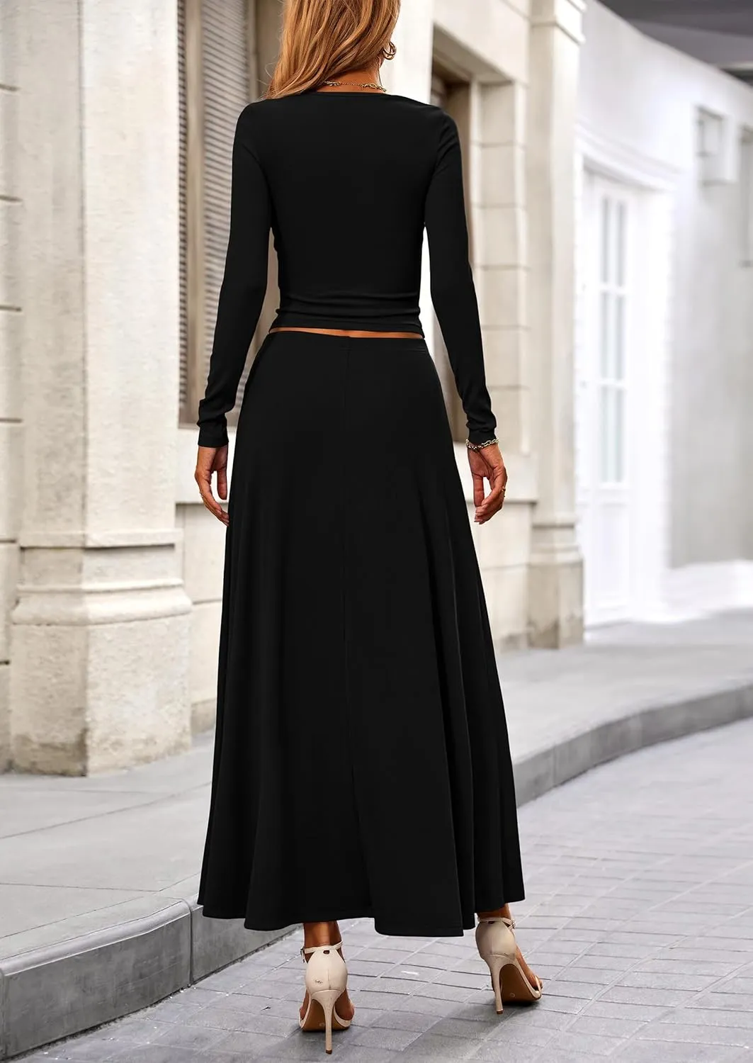 PRETTYGARDEN Women's Spring 2 Piece Outfits Dressy Casual Ribbed Knit Long Sleeve Crop Tops Maxi Flowy Skirts Matching Sets