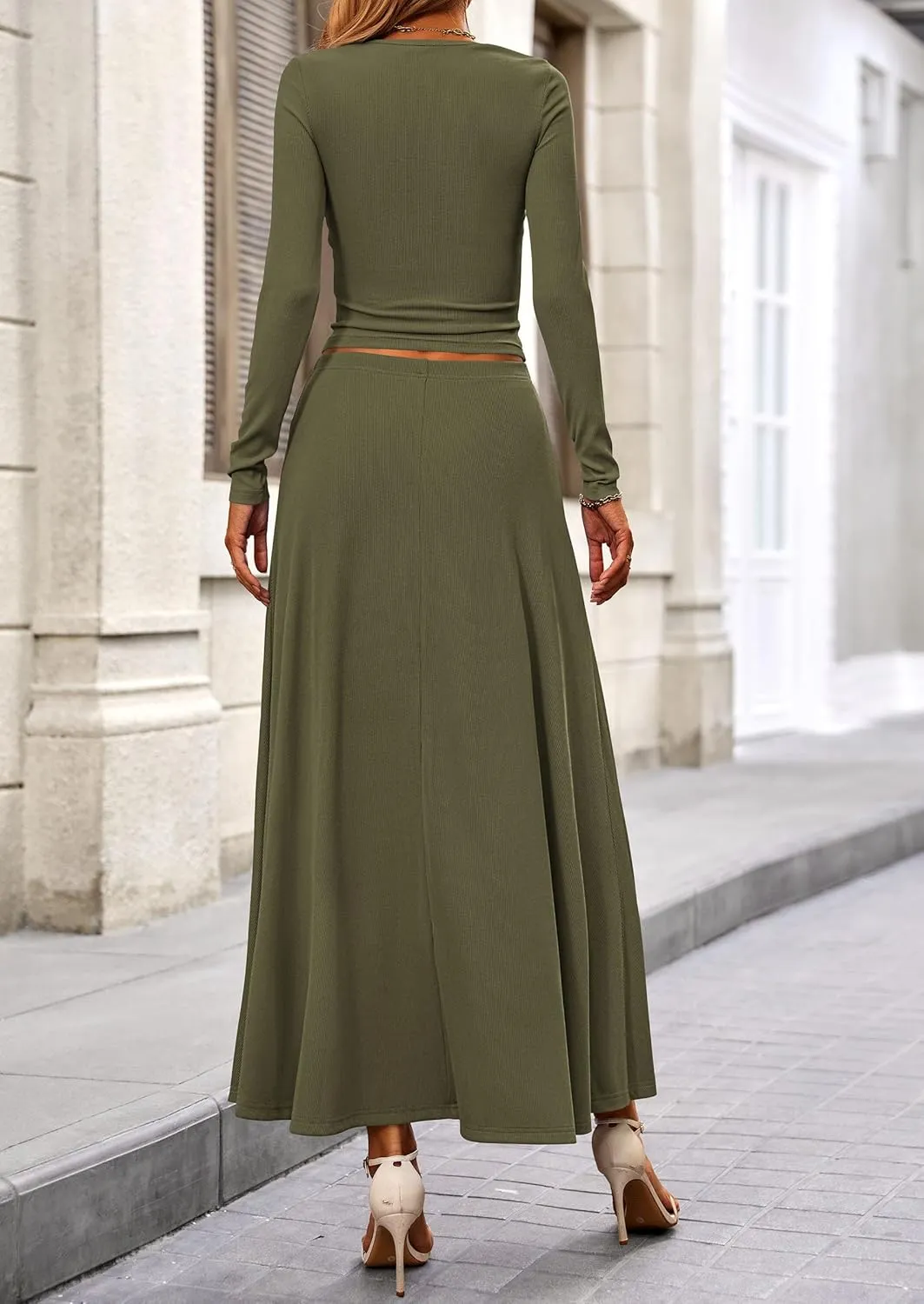 PRETTYGARDEN Women's Spring 2 Piece Outfits Dressy Casual Ribbed Knit Long Sleeve Crop Tops Maxi Flowy Skirts Matching Sets