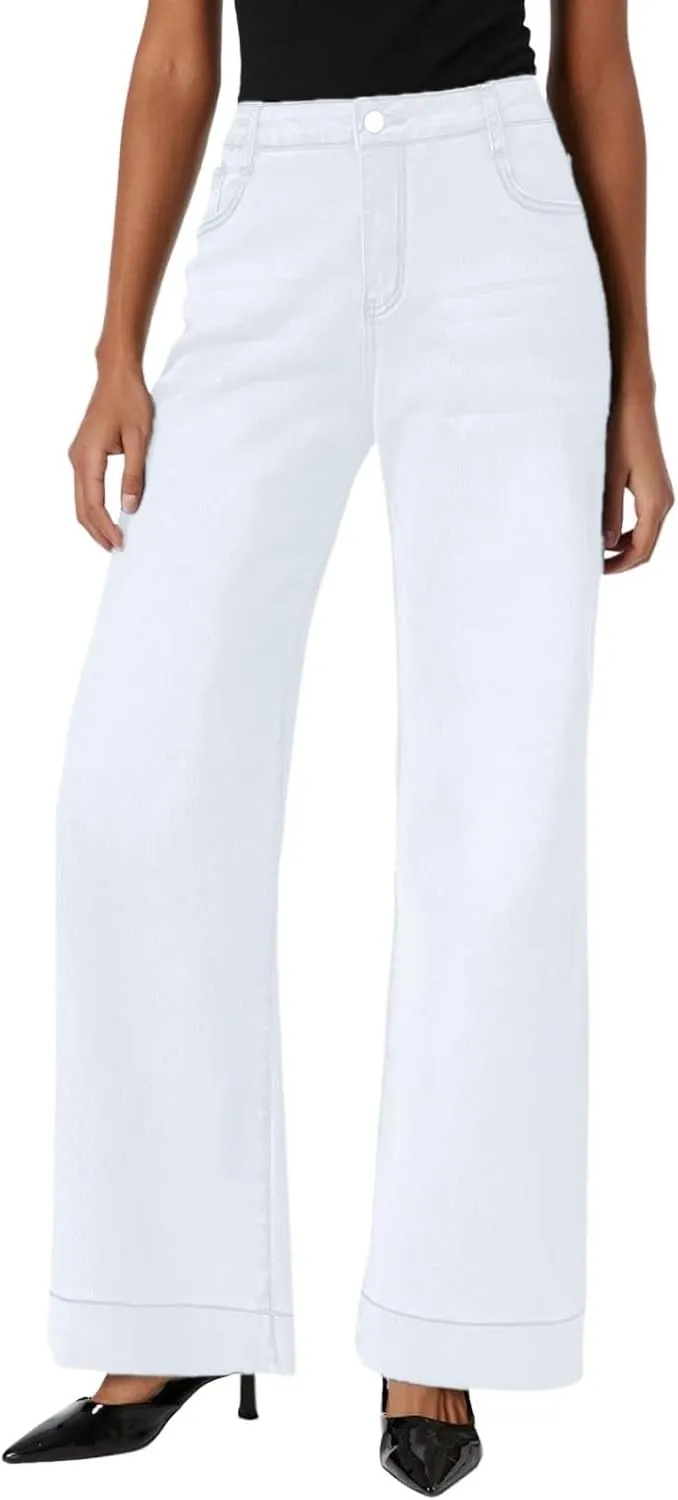 Pull on Wide Leg Jeans for Women, Trendy Straight Leg Jeans Denim Pants High Waisted Stretchy Baggy