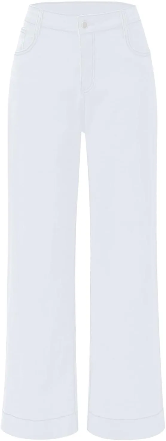 Pull on Wide Leg Jeans for Women, Trendy Straight Leg Jeans Denim Pants High Waisted Stretchy Baggy