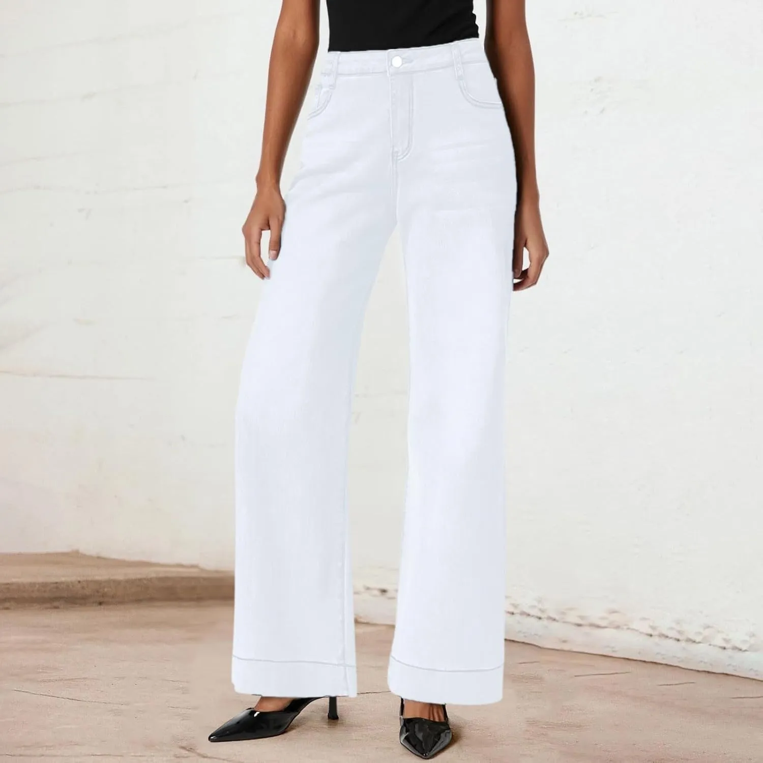 Pull on Wide Leg Jeans for Women, Trendy Straight Leg Jeans Denim Pants High Waisted Stretchy Baggy