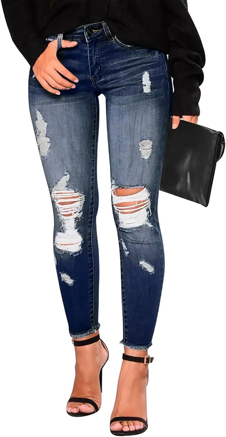 Ripped Jeans Womens Fall Fashion 2024 Trendy Winter Skinny Jeans High Waisted Tummy Control Jeggings Denim Leggings