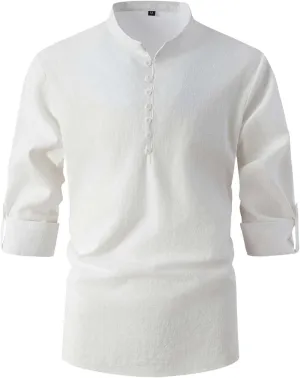 Roll Up Sleeve Shirt for Men Combat Lightweight Solid Causal Travel Tops Cotton Linen Regular Fit Fashion Half Button Shirts