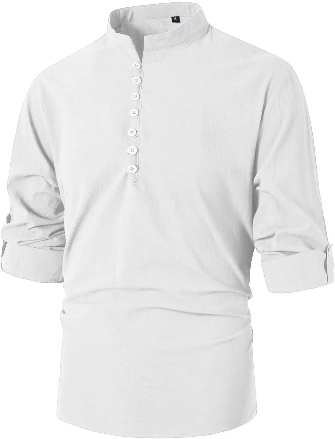 Roll Up Sleeve Shirt for Men Combat Lightweight Solid Causal Travel Tops Cotton Linen Regular Fit Fashion Half Button Shirts