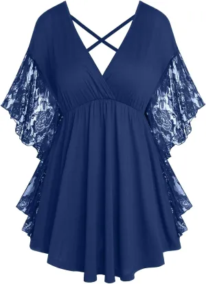 ROSE GAL Women's Plus Size Flower Lace Butterfly Sleeve T Shirt Curve Flower Lace Summer Casual Tunic