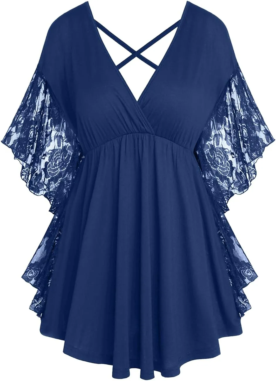 ROSE GAL Women's Plus Size Flower Lace Butterfly Sleeve T Shirt Curve Flower Lace Summer Casual Tunic