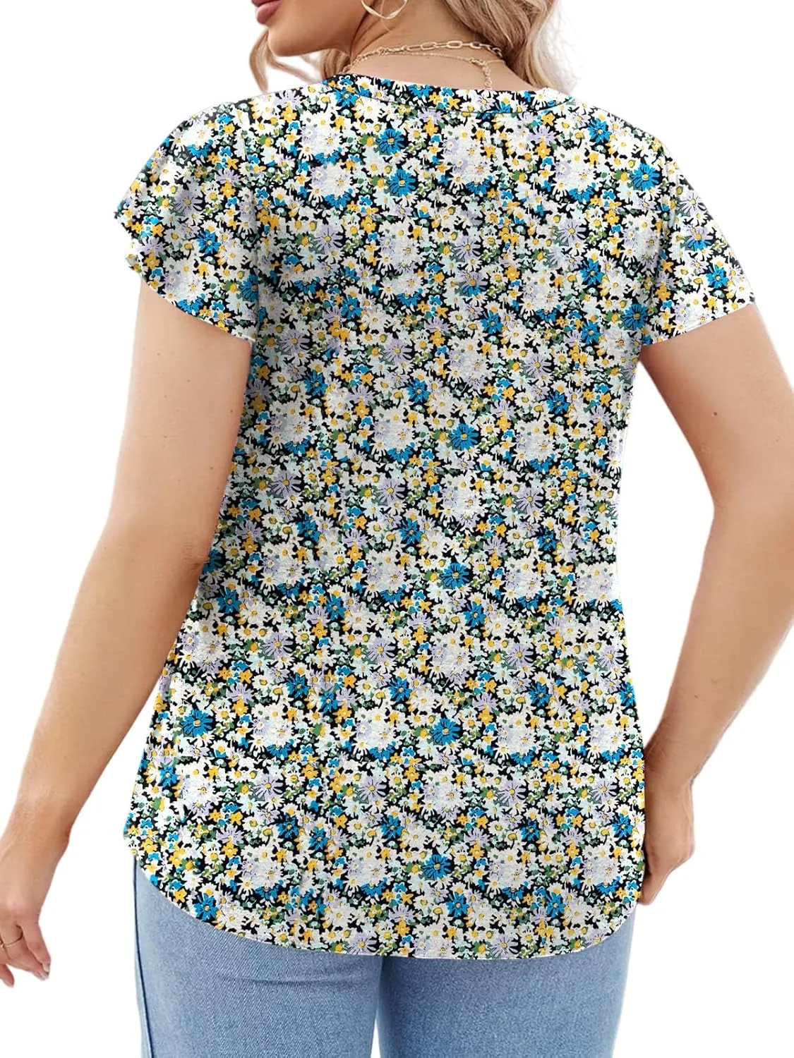 ROSRISS Plus-Size Tops for Women Summer Ruffle Short Sleeve Casual V Neck Tunics