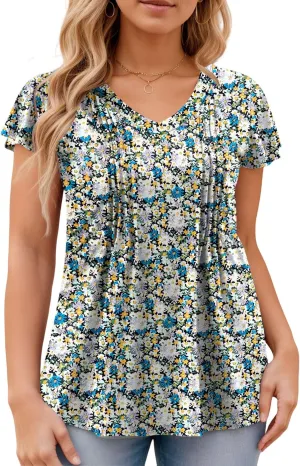 ROSRISS Plus-Size Tops for Women Summer Ruffle Short Sleeve Casual V Neck Tunics