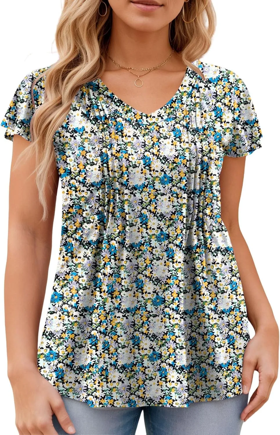 ROSRISS Plus-Size Tops for Women Summer Ruffle Short Sleeve Casual V Neck Tunics