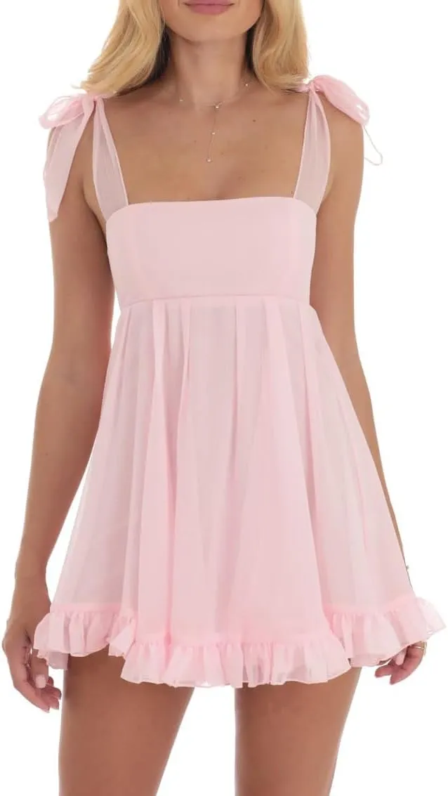 Ruffle Sleeve Tiered Babydoll Dress Summer Square Neck Tie Back Short Dresses Women Casual Y2k Sleeveless Mini Dress
