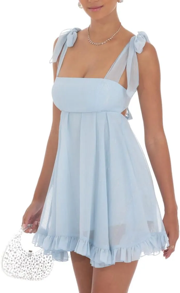 Ruffle Sleeve Tiered Babydoll Dress Summer Square Neck Tie Back Short Dresses Women Casual Y2k Sleeveless Mini Dress