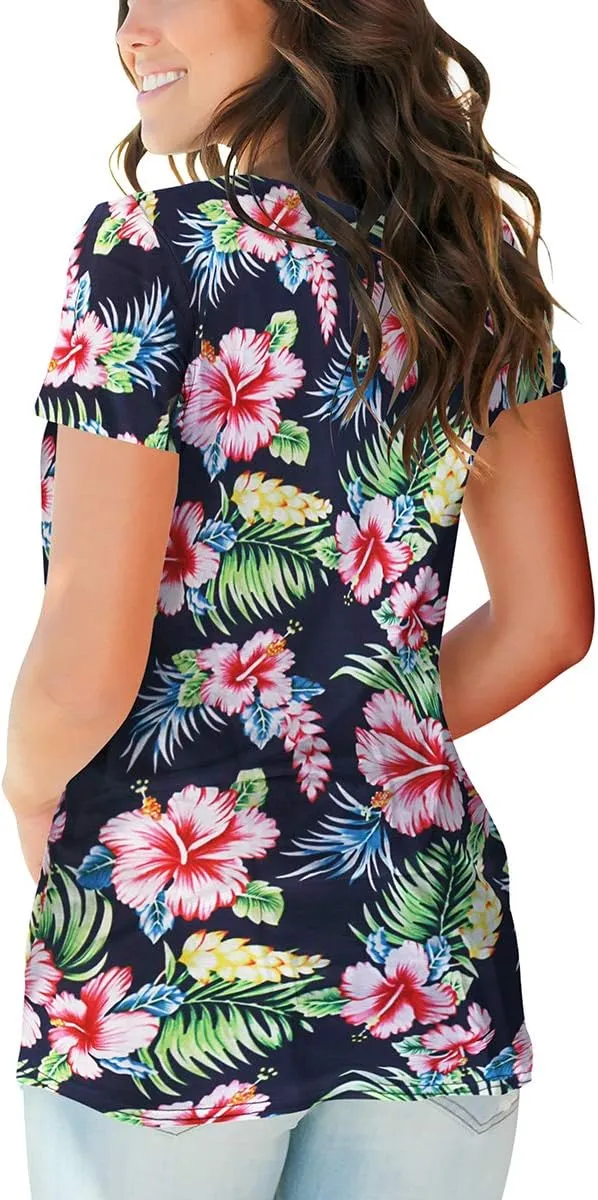 SAMPEEL Womens Summer Tops Floral Tees Short Sleeve Tunic V Neck T Shirts