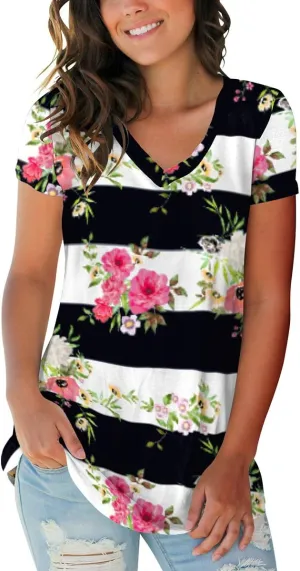 SAMPEEL Womens Summer Tops Floral Tees Short Sleeve Tunic V Neck T Shirts