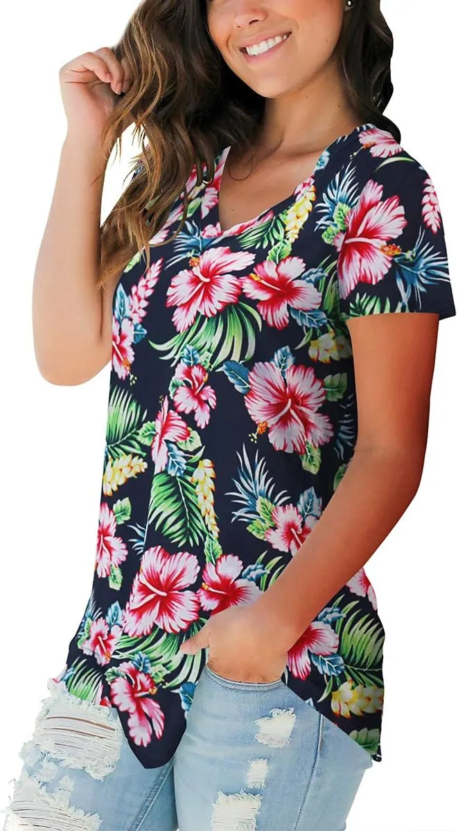 SAMPEEL Womens Summer Tops Floral Tees Short Sleeve Tunic V Neck T Shirts