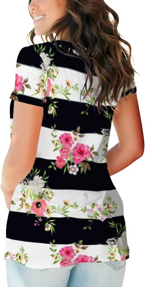 SAMPEEL Womens Summer Tops Floral Tees Short Sleeve Tunic V Neck T Shirts