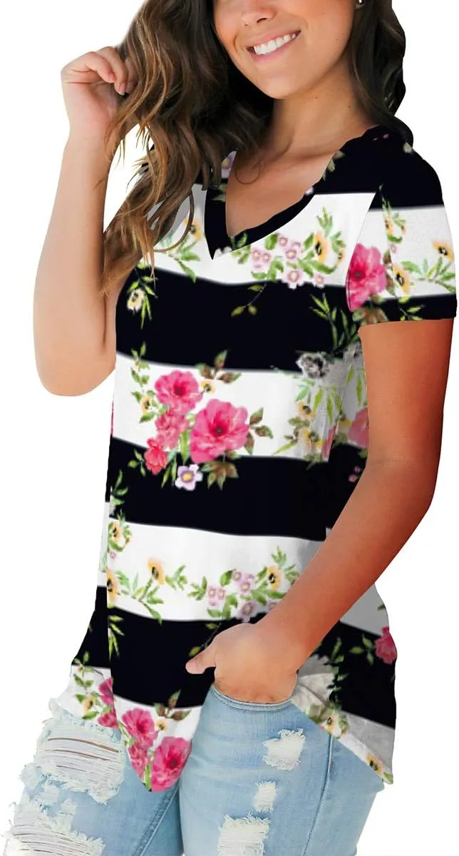 SAMPEEL Womens Summer Tops Floral Tees Short Sleeve Tunic V Neck T Shirts