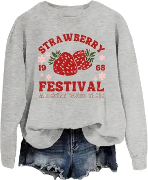 SAUIVD Women's Graphic Tees Strawberry Festivals Sweatshirt for Women Cute Strawberry Sweatshirts Long Sleeve Top Tees