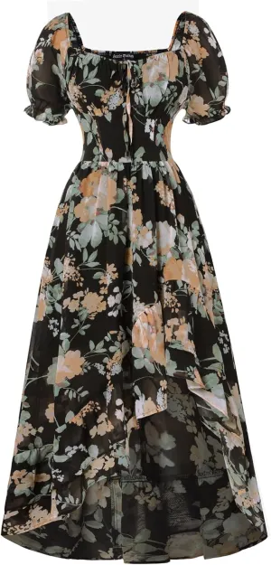 Scarlet Darkness Cottagecore Corset Dress Flowy Chiffon Floral Dresses for Women