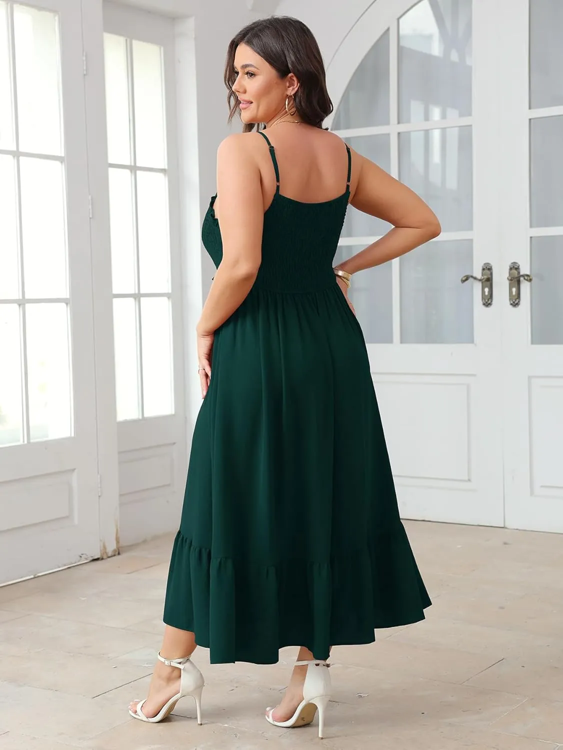 SCOMCHIC Womens Plus Size Summer Dresses Sleeveless Spaghetti Strap Button Down Smocked Beach Long Maxi Dress with Slit