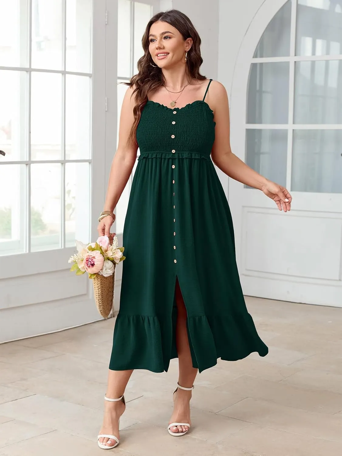SCOMCHIC Womens Plus Size Summer Dresses Sleeveless Spaghetti Strap Button Down Smocked Beach Long Maxi Dress with Slit