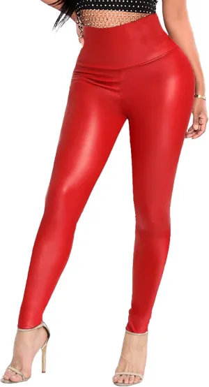 SEASUM Faux Leather Leggings for Women Stretchy High Waisted Butt Lifting Black Pleather Pants Outfit Sexy PU Leggings Tights
