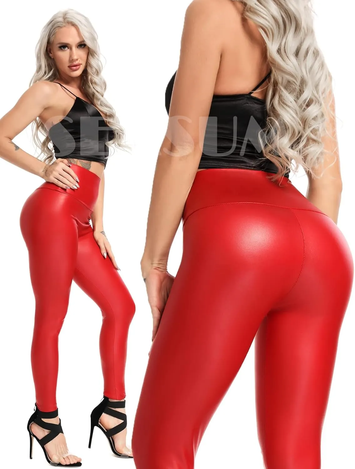 SEASUM Faux Leather Leggings for Women Stretchy High Waisted Butt Lifting Black Pleather Pants Outfit Sexy PU Leggings Tights