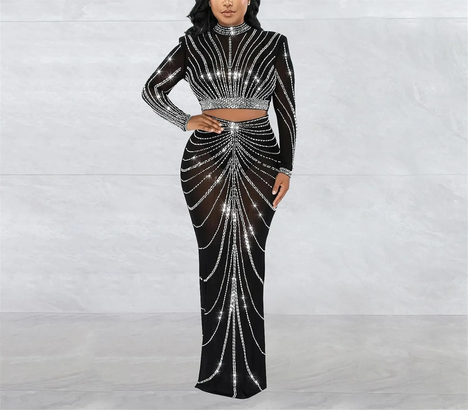 Sequin 2 Piece Skirt Sets for Women Bodycon Party Club Night Out Dresses Sexy Rhinestone Through Crop Top and Long Skirt