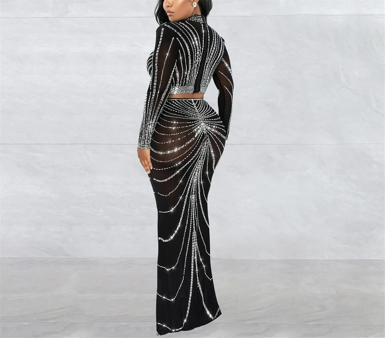 Sequin 2 Piece Skirt Sets for Women Bodycon Party Club Night Out Dresses Sexy Rhinestone Through Crop Top and Long Skirt
