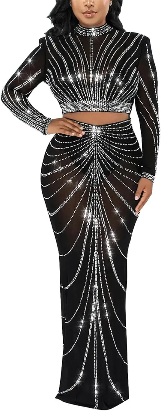 Sequin 2 Piece Skirt Sets for Women Bodycon Party Club Night Out Dresses Sexy Rhinestone Through Crop Top and Long Skirt