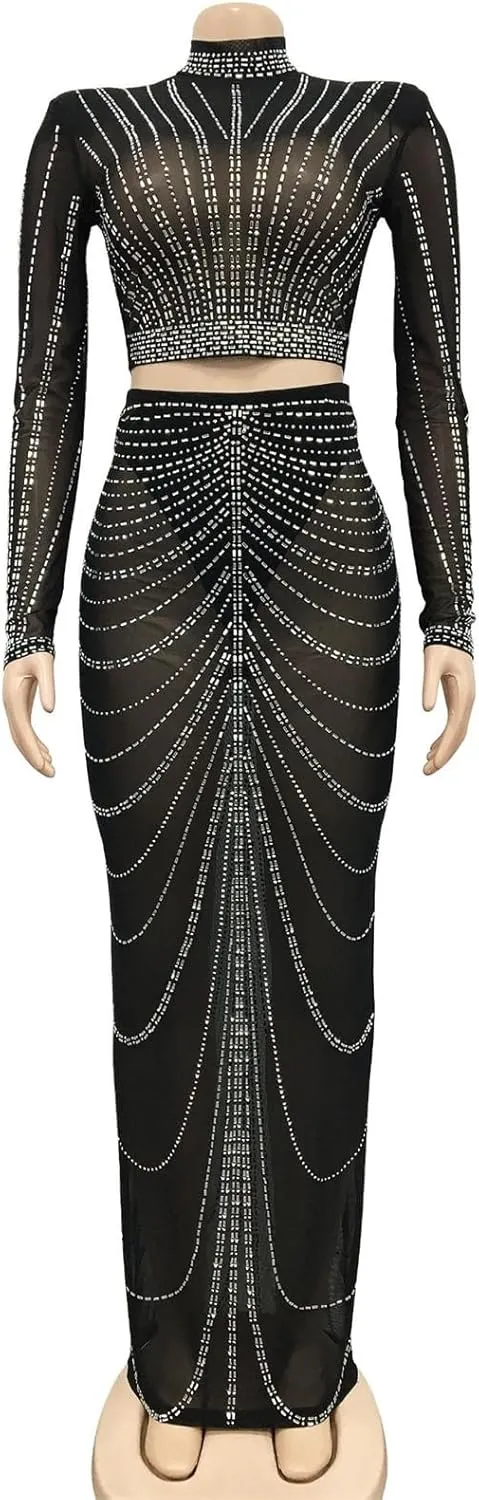 Sequin 2 Piece Skirt Sets for Women Bodycon Party Club Night Out Dresses Sexy Rhinestone Through Crop Top and Long Skirt