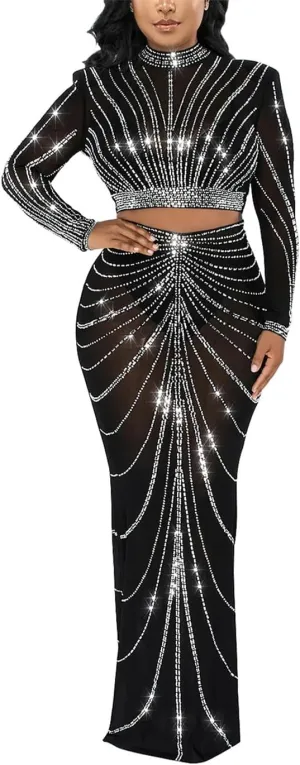 Sequin 2 Piece Skirt Sets for Women Bodycon Party Club Night Out Dresses Sexy Rhinestone Through Crop Top and Long Skirt