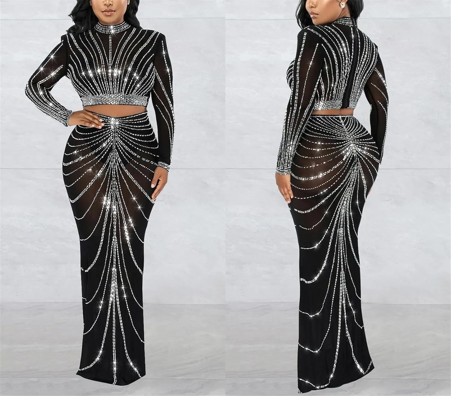 Sequin 2 Piece Skirt Sets for Women Bodycon Party Club Night Out Dresses Sexy Rhinestone Through Crop Top and Long Skirt