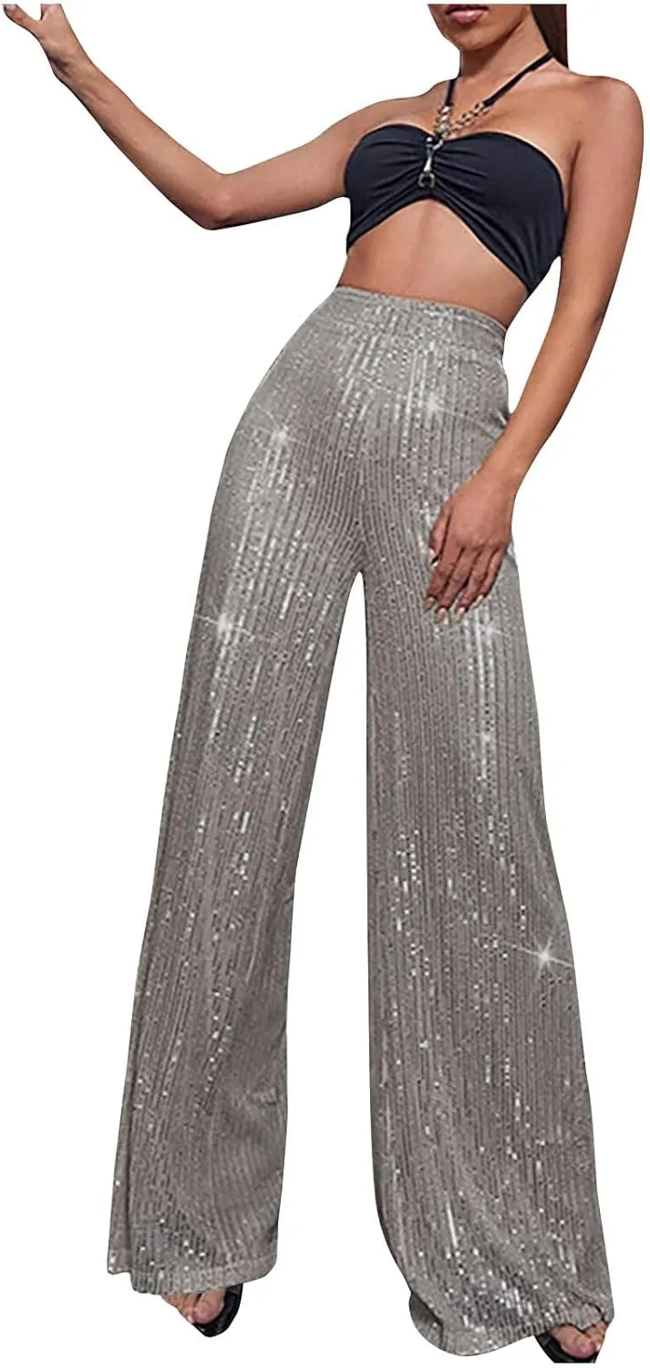 Sequin Pants for Women High Waist Palazzo Pants Long Culottes Glitter Wide Leg Pants Bling Party Clubwear Trousers