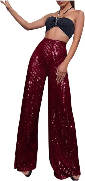 Sequin Pants for Women High Waist Palazzo Pants Long Culottes Glitter Wide Leg Pants Bling Party Clubwear Trousers