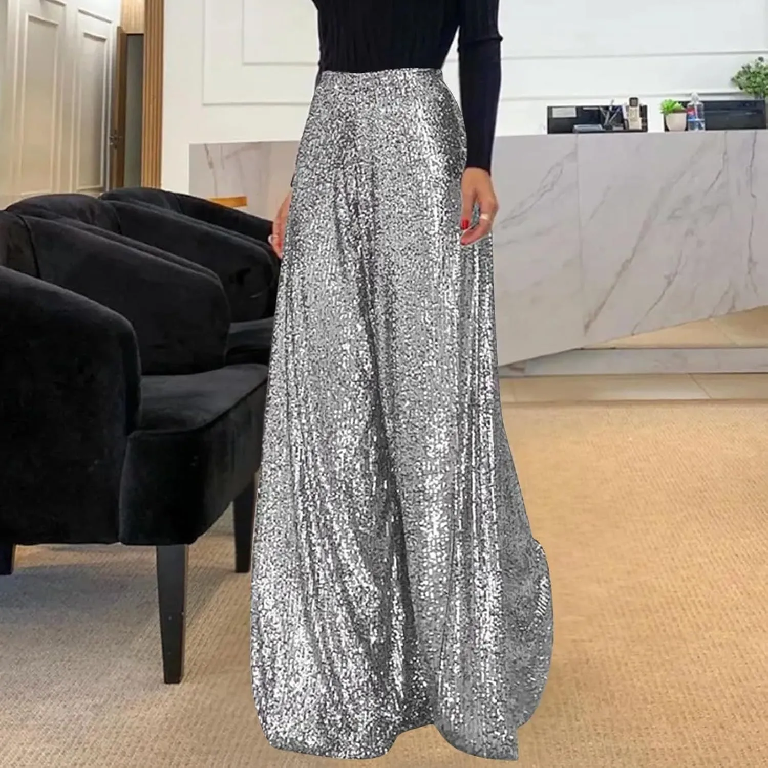 Sequin Pants for Women High Waist Palazzo Pants Long Culottes Glitter Wide Leg Pants Bling Party Clubwear Trousers