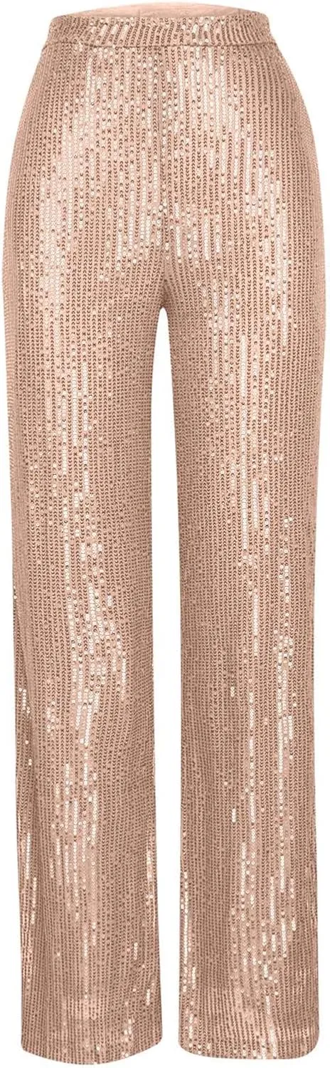 Sequin Pants for Women High Waist Palazzo Pants Long Culottes Glitter Wide Leg Pants Bling Party Clubwear Trousers