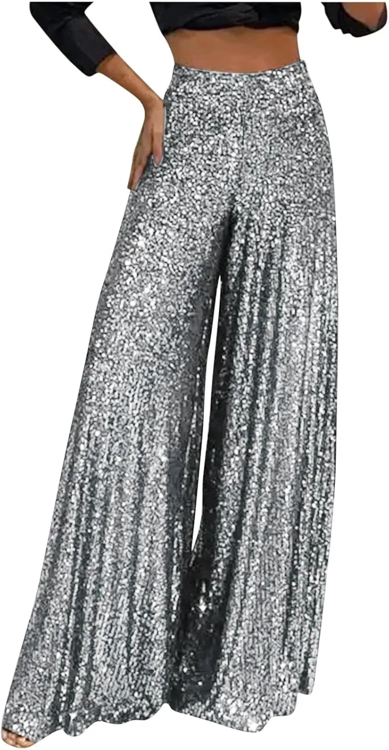 Sequin Pants for Women High Waist Palazzo Pants Long Culottes Glitter Wide Leg Pants Bling Party Clubwear Trousers