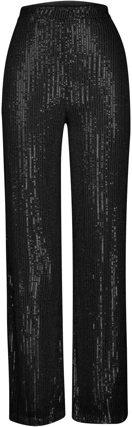 Sequin Pants for Women High Waist Palazzo Pants Long Culottes Glitter Wide Leg Pants Bling Party Clubwear Trousers