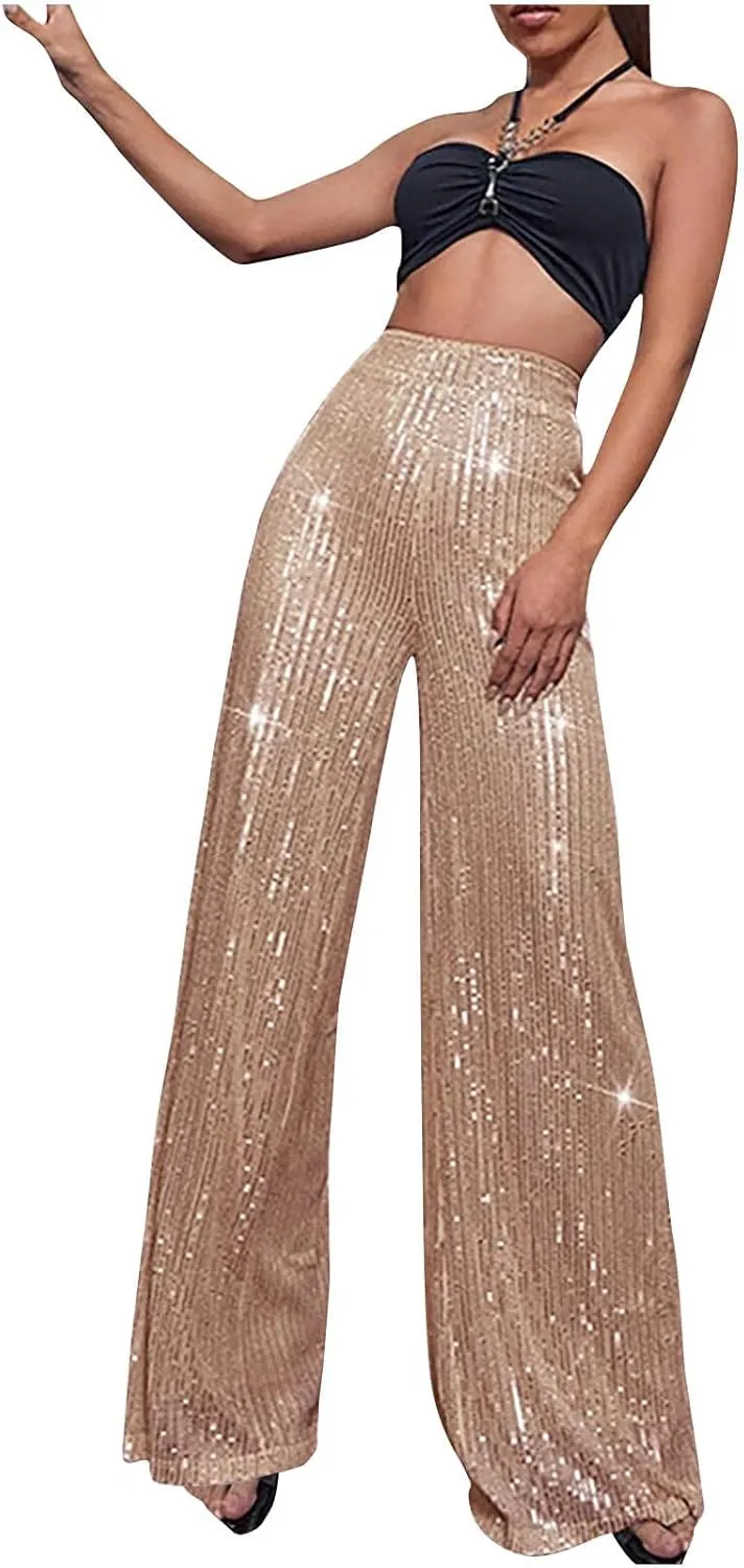 Sequin Pants for Women High Waist Palazzo Pants Long Culottes Glitter Wide Leg Pants Bling Party Clubwear Trousers