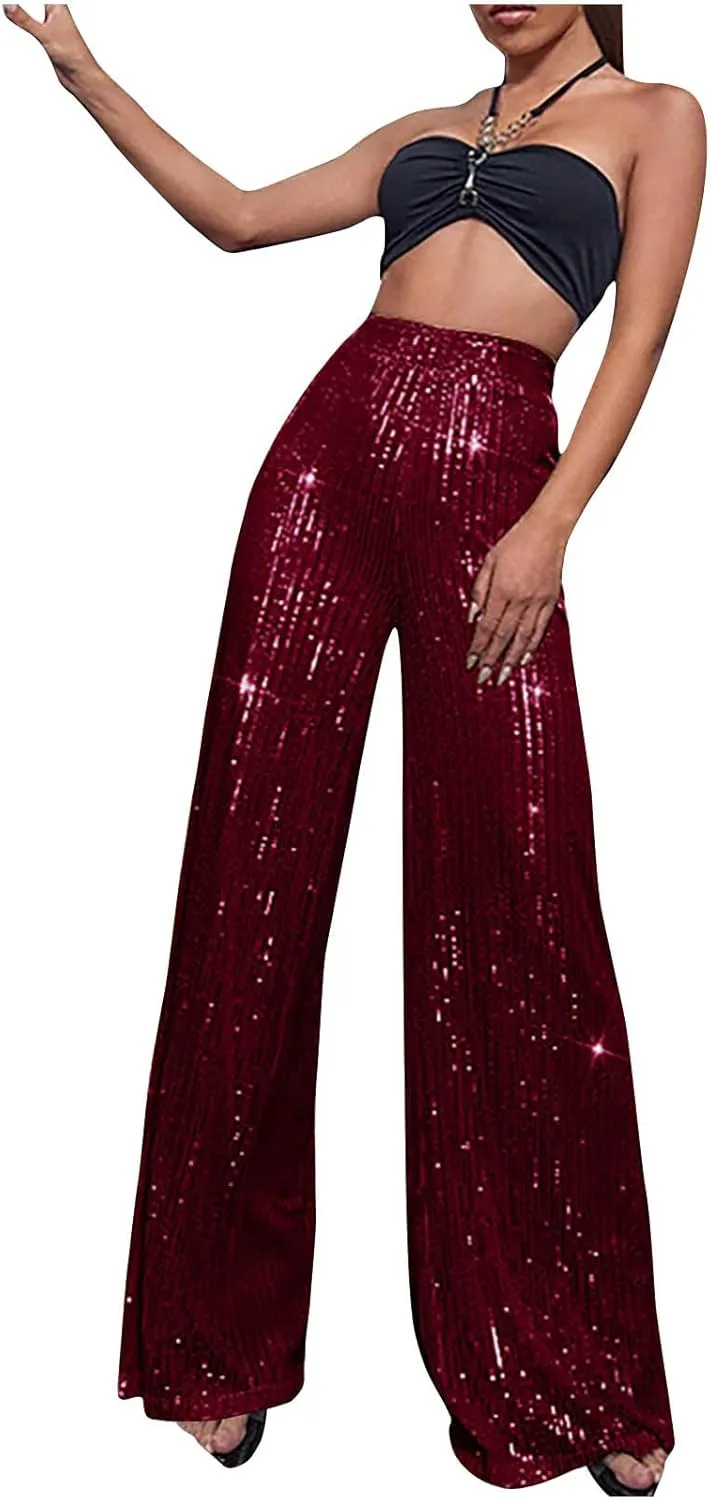 Sequin Pants for Women High Waist Palazzo Pants Long Culottes Glitter Wide Leg Pants Bling Party Clubwear Trousers