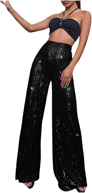 Sequin Pants for Women High Waist Palazzo Pants Long Culottes Glitter Wide Leg Pants Bling Party Clubwear Trousers