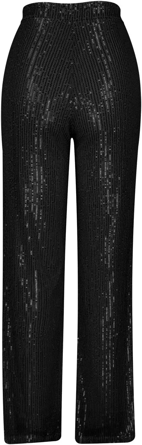 Sequin Pants for Women High Waist Palazzo Pants Long Culottes Glitter Wide Leg Pants Bling Party Clubwear Trousers
