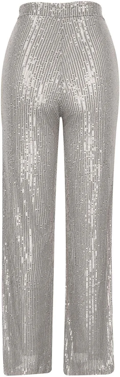 Sequin Pants for Women High Waist Palazzo Pants Long Culottes Glitter Wide Leg Pants Bling Party Clubwear Trousers
