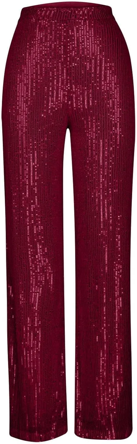 Sequin Pants for Women High Waist Palazzo Pants Long Culottes Glitter Wide Leg Pants Bling Party Clubwear Trousers