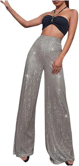 Sequin Pants for Women High Waist Palazzo Pants Long Culottes Glitter Wide Leg Pants Bling Party Clubwear Trousers