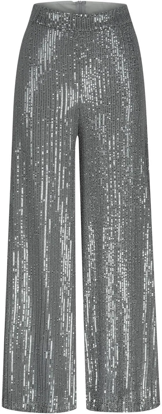 Sequin Pants for Women High Waist Palazzo Pants Long Culottes Glitter Wide Leg Pants Bling Party Clubwear Trousers