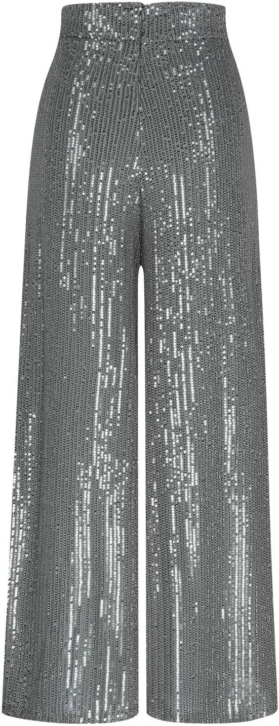 Sequin Pants for Women High Waist Palazzo Pants Long Culottes Glitter Wide Leg Pants Bling Party Clubwear Trousers