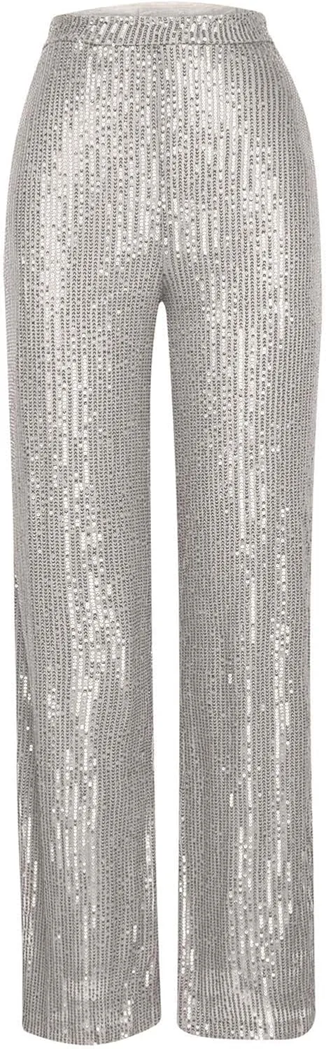 Sequin Pants for Women High Waist Palazzo Pants Long Culottes Glitter Wide Leg Pants Bling Party Clubwear Trousers